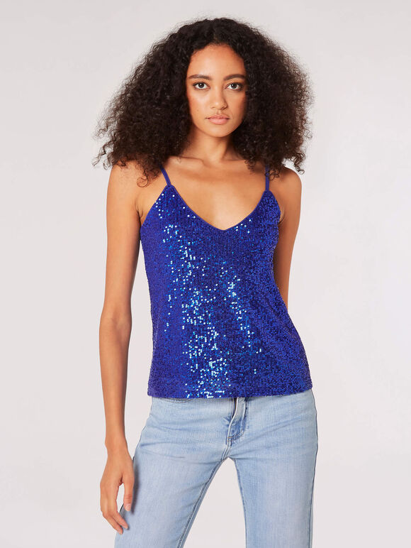 Sequin Camisole Top , Blue, large