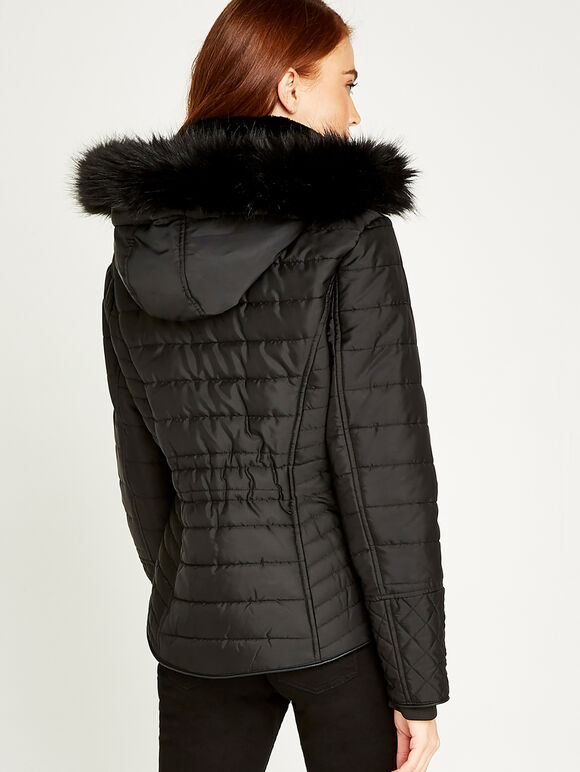 Fur Trim Puffer Jacket, Black, large
