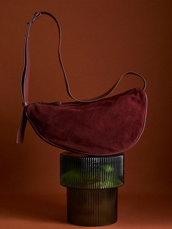 Suede Half Moon Crossbody Bag, Red, large