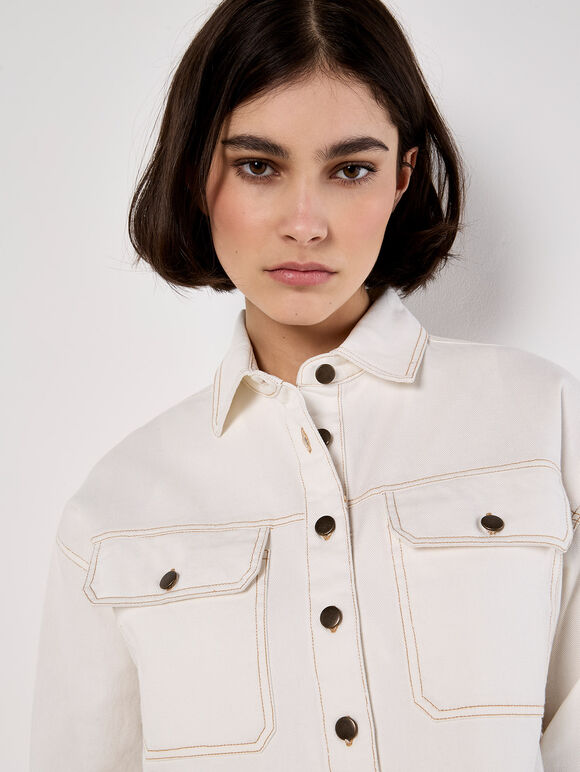 Cropped Cotton Denim Shirt, Cream, large