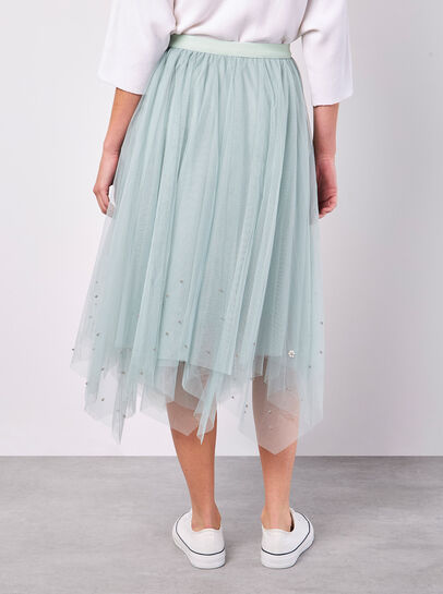Pearl Embellished Tulle Midi Skirt