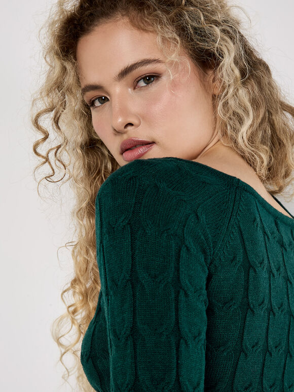 Cable Knit Cropped Jumper, Green, large