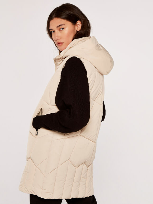 Hooded Zip Puffer Gilet, Stone, large