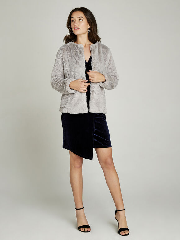 Faux Fur Short Crop Jacket, Light Grey / Silver, large