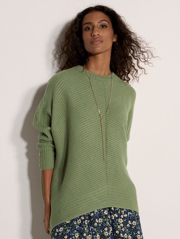Chevron Knit Batwing Jumper, Green, large