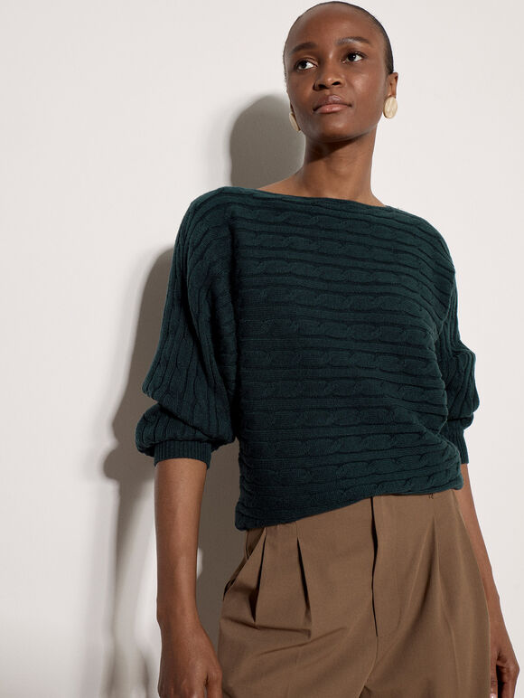 Cable Stripe Batwing Aran Jumper, Pine Green, large