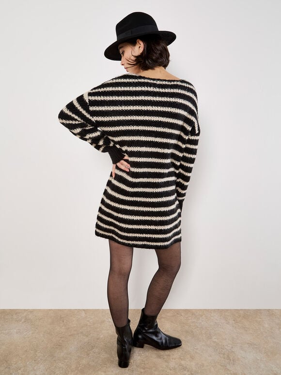 Oversized Stripe Jumper Mini Dress, Black, large