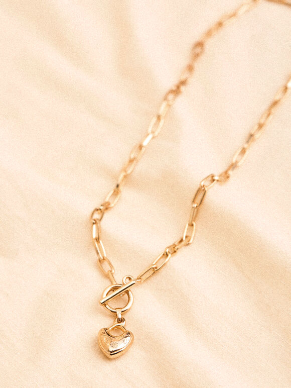 Gold Tone Heart T-Bar Pendant Necklace, Gold, large