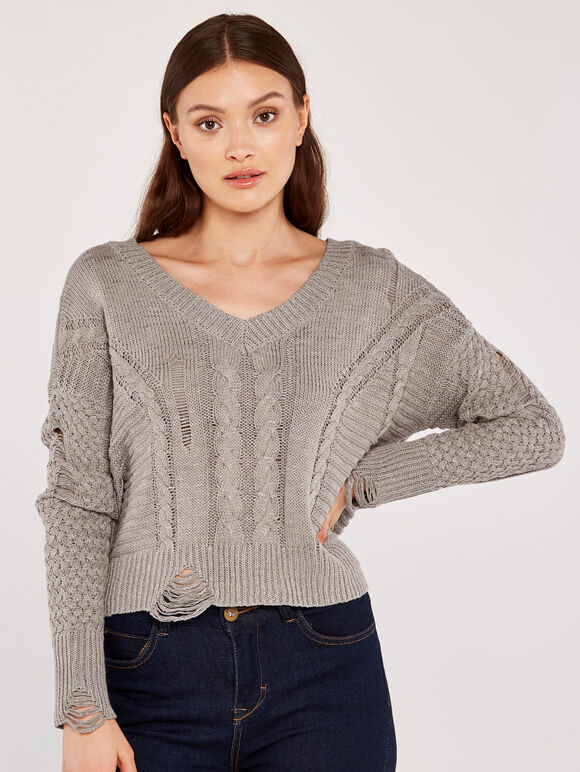 Aran And Mixed Knit Crop Top, Grey, large