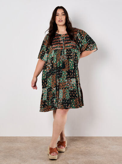Patchwork Print Crinkle Mini Dress