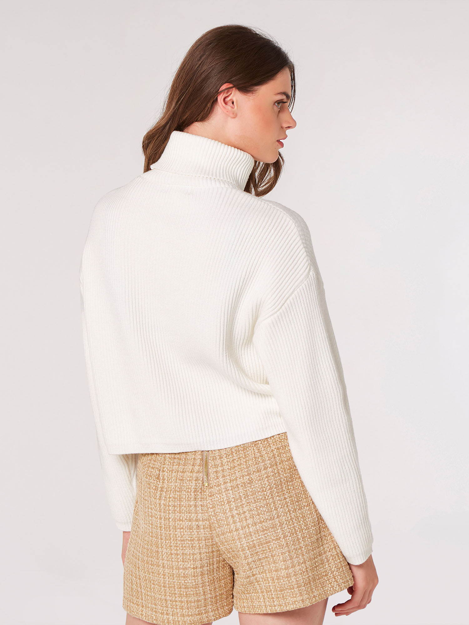 Ribbed Roll Neck Cropped Jumper Apricot Clothing