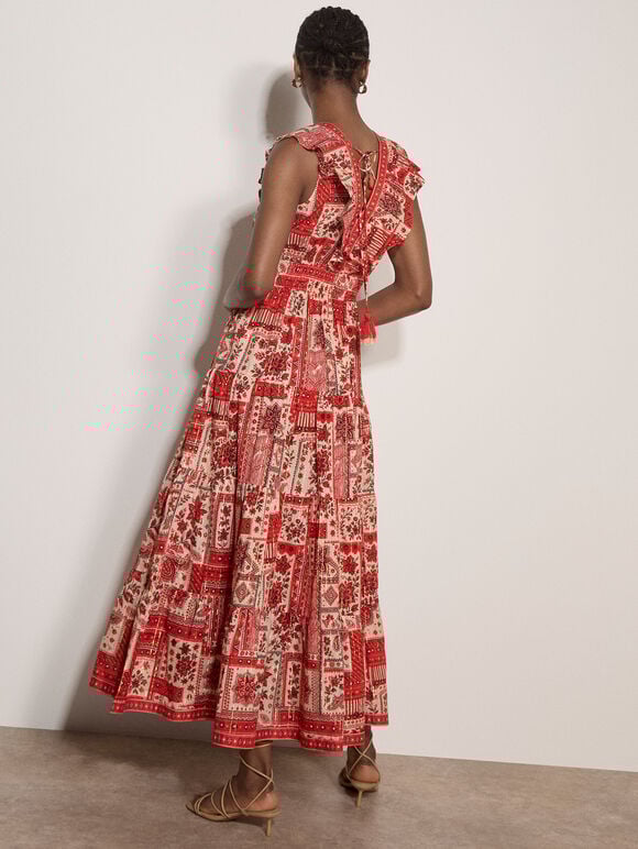 Shimmer Scarf Print Tiered Midaxi Dress, Red, large