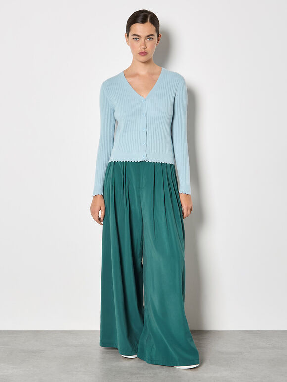 Ribbed Knit Scalloped Cardigan, Blue, large