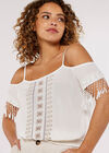 Embroidered Cut-Out Shoulder Top, White, large