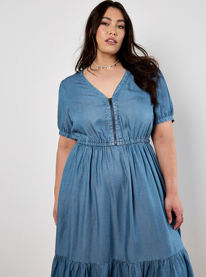 Denim Zip Tiered Midi Dress