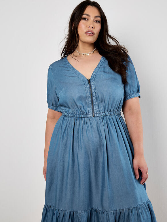 Denim Zip Tiered Midi Dress, Blue, large