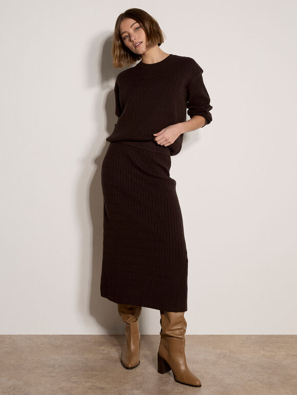 Fine Knit Cable Jumper, Brown, large