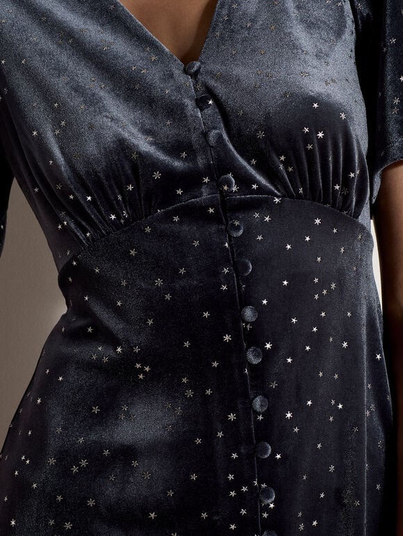 Silver Foil Star Velvet Mini Dress, Dark Grey/Charcoal, large