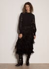Fringe Trim Tiered Midi Skirt, Black, large