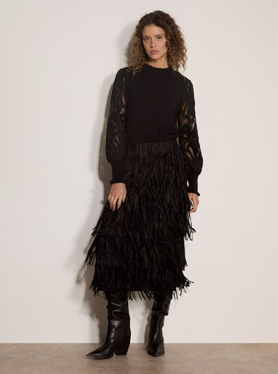 Fringe Trim Tiered Midi Skirt