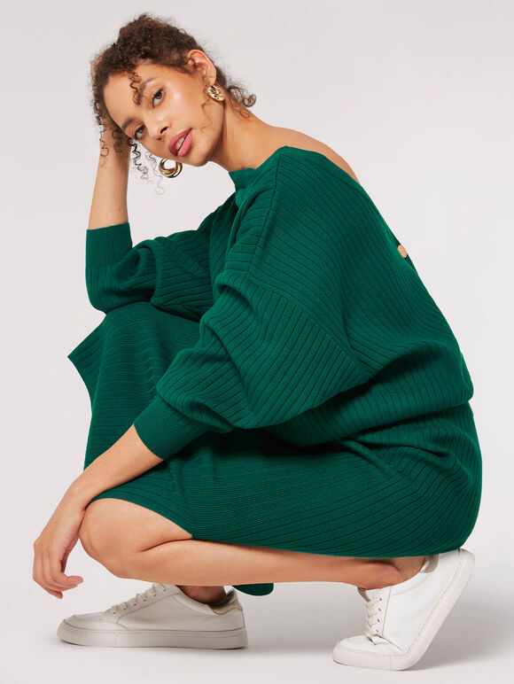 Ribbed Knit Midi Skirt, Green, large