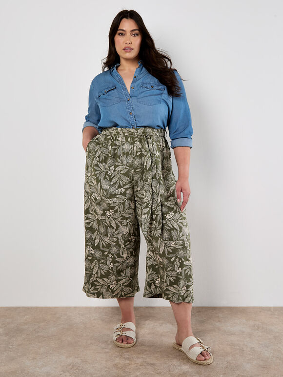 Batik Leaf Culotte Trousers, Khaki, large