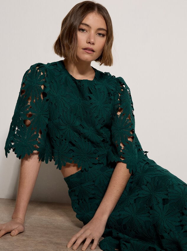 Guipure Lace Daisy Crop Top, Green, large