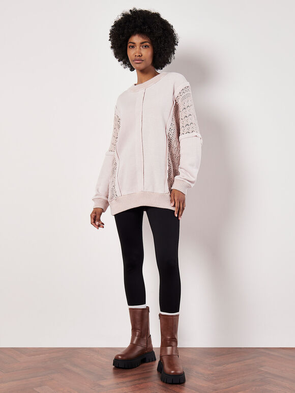 Lace Insert Cotton Jumper, Stone, large