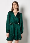 Sequin Spot Satin Wrap Mini Dress, Green, large