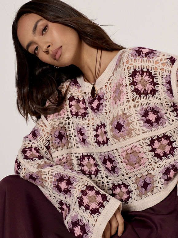 Crochet Squares Cropped Jumper, Mauve, large