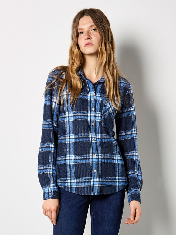 Waffle Knit Classic Check Shirt, Blue, large