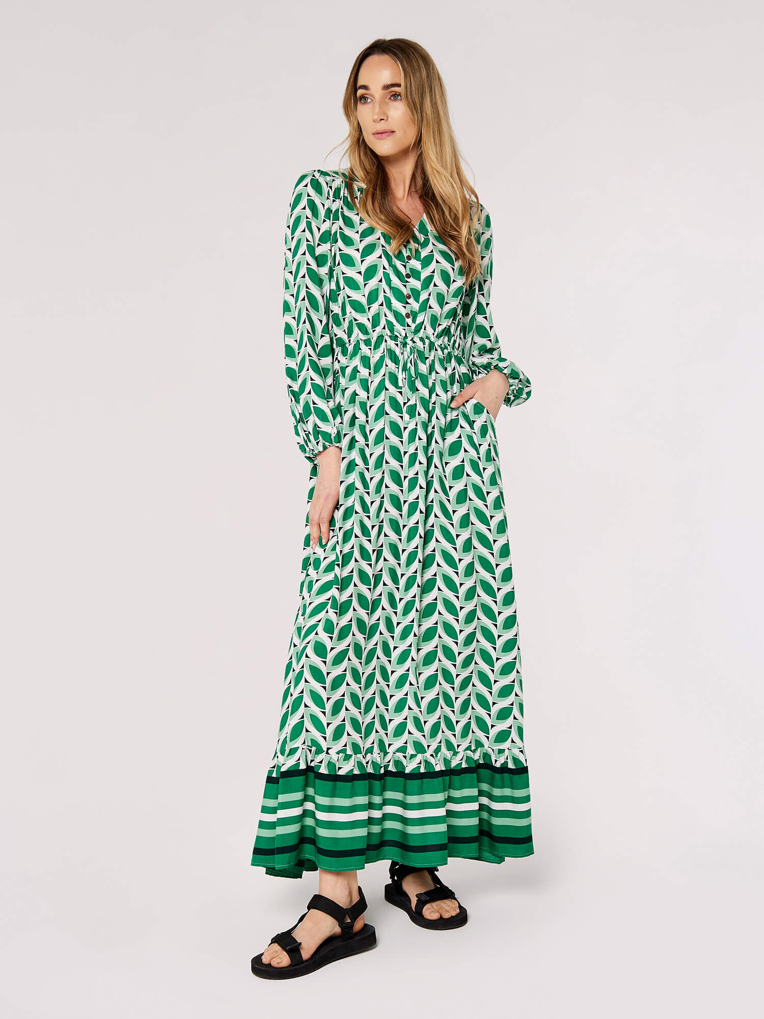 Geo Leaves Border Wrap Dress Apricot Clothing