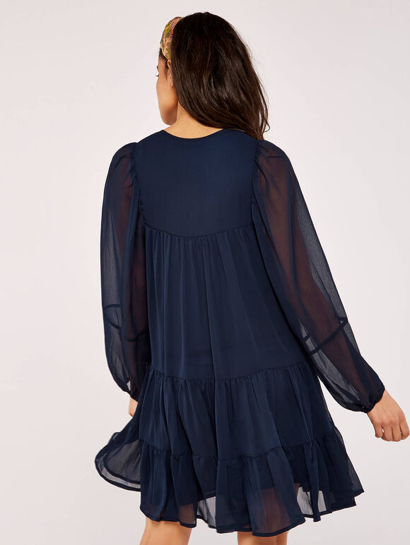 Crinkle Tiered Chiffon Dress, Navy, large