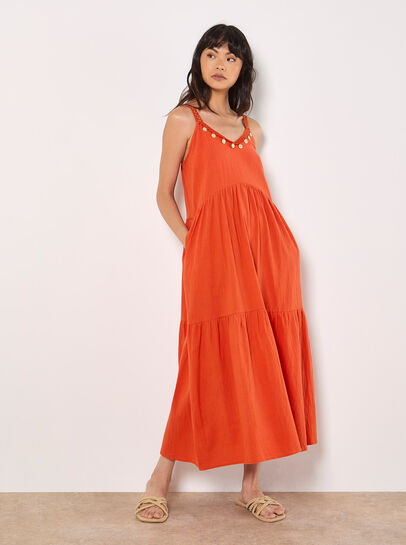 Bead Embellished Cotton Midaxi Dress
