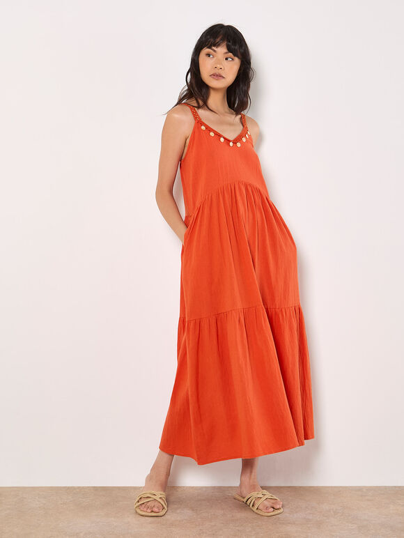 Bead Embellished Cotton Midaxi Dress, Orange, large