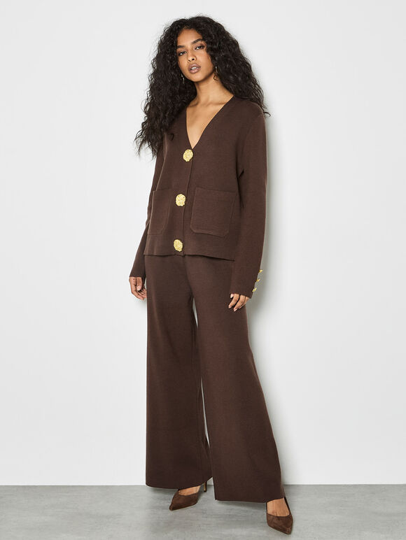 Statement Hammered Buttons Lightweight Cardigan, Brown, large