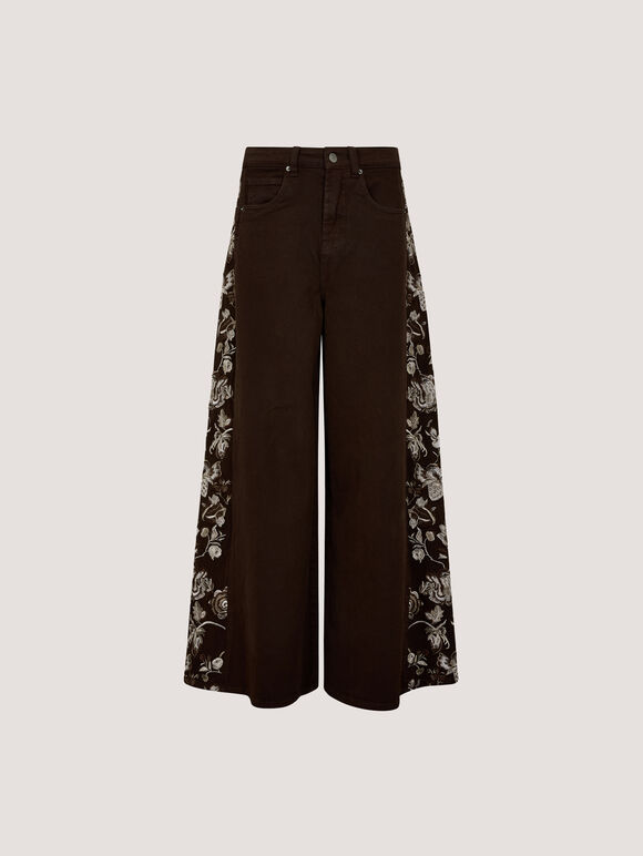 Floral Embroidered Wide-Leg Jeans, Brown, large