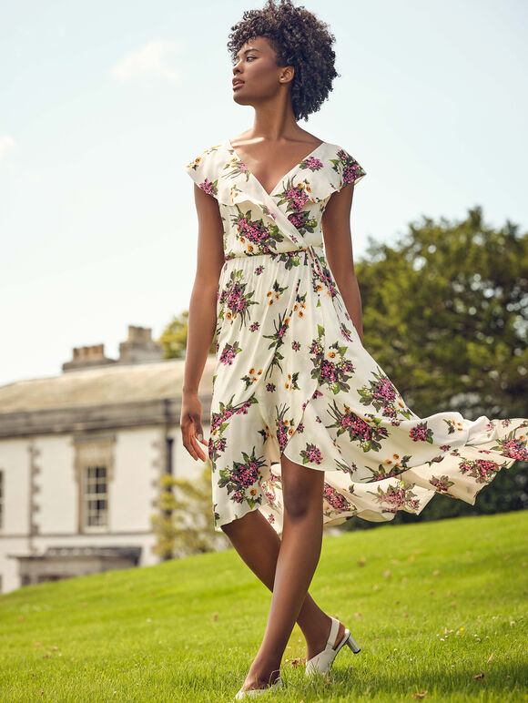 Floral Bouquet Ruffle Midi Dress, Cream, large