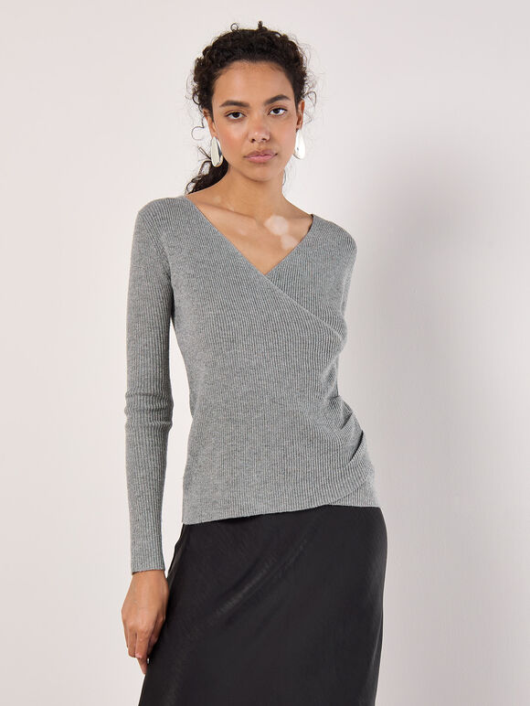 Ribbed Knit Sparkle Wrap Jumper, Silver, large