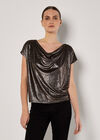 Metallic Foil Cowl Neck Top, Brown, large