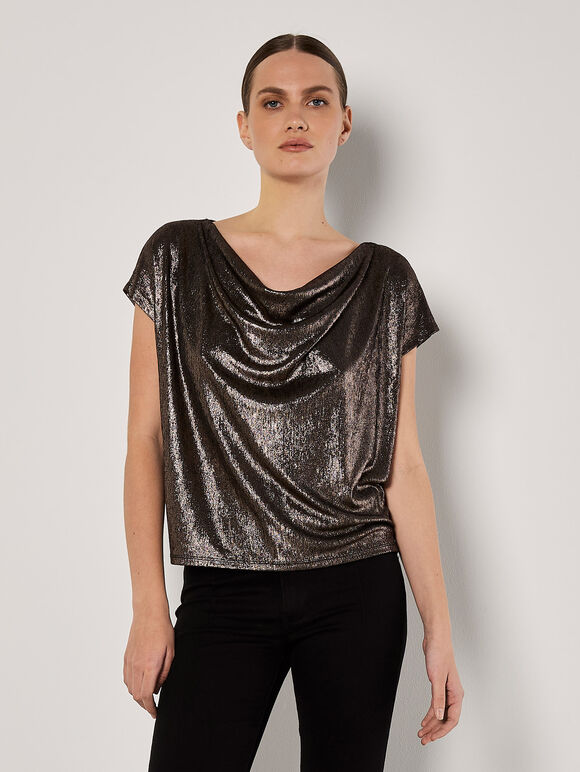 Metallic Foil Cowl Neck Top, Brown, large