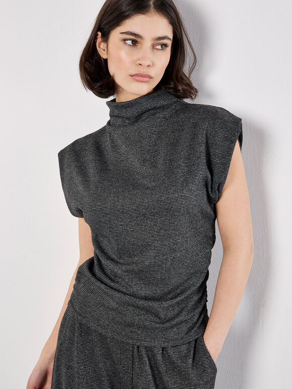 Mini Dogtooth High Neck Ruched Top, Dark Grey - Charcoal, large