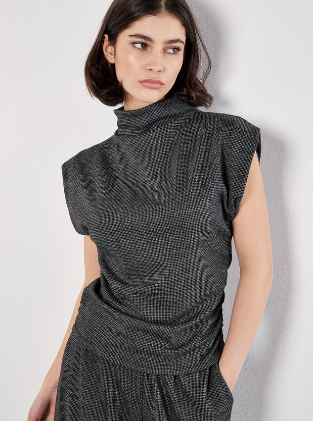 Mini Dogtooth High Neck Ruched Top, Dark Grey - Charcoal, large