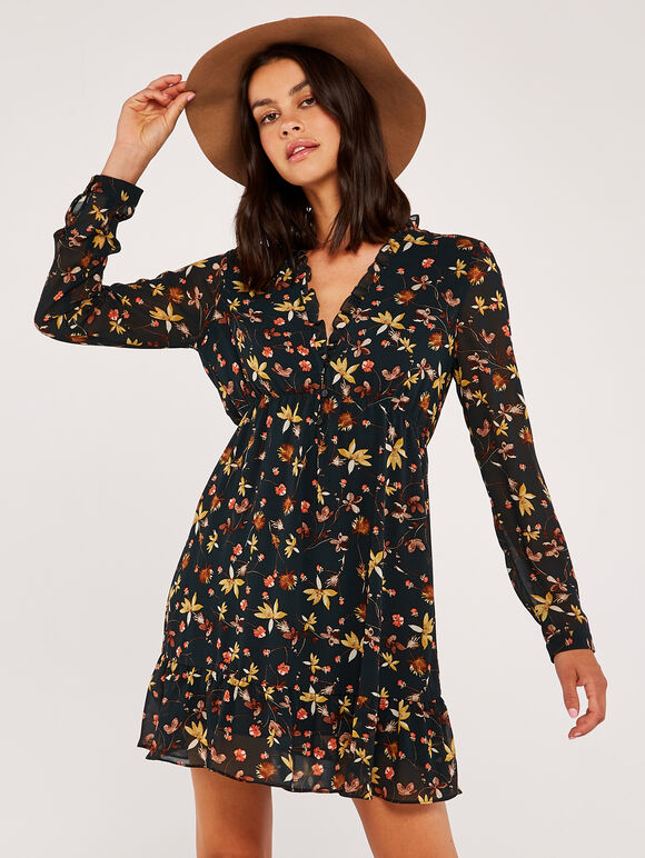 Painterly Floral Ruffle Mini Dress, Green, large