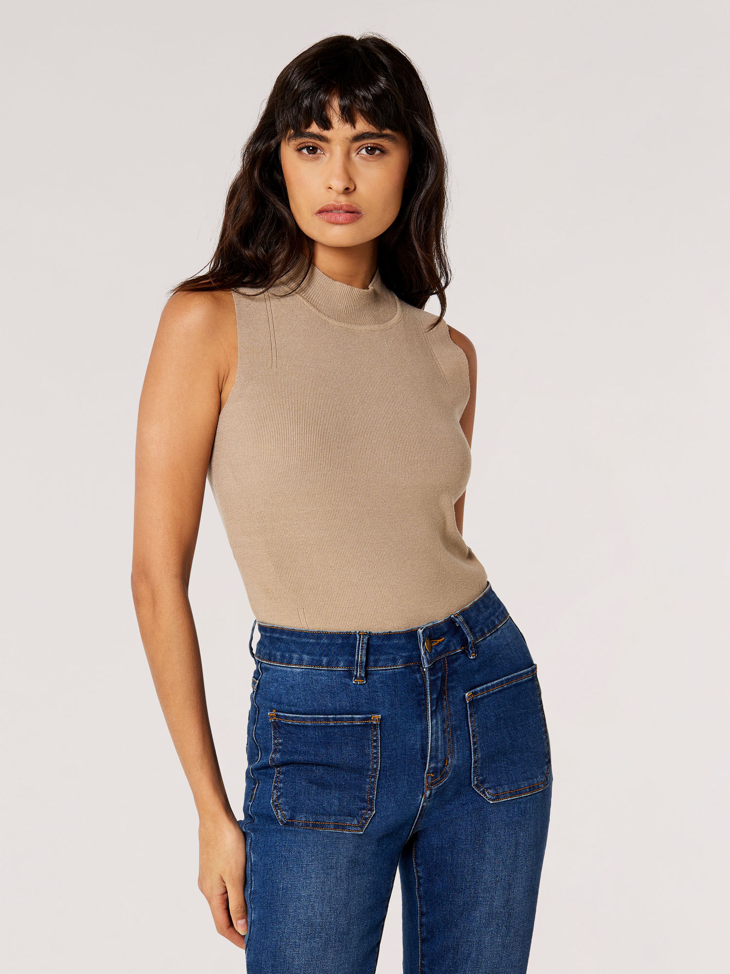 Mock Neck Knitted Top Apricot Clothing