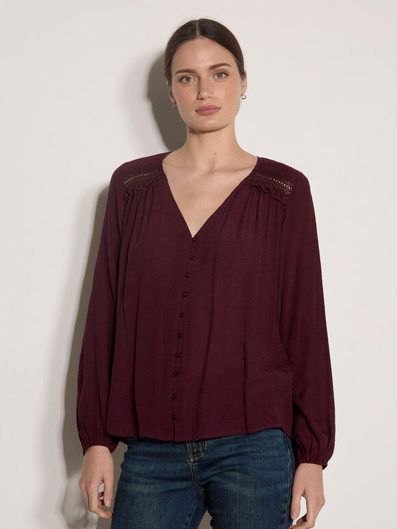 Crochet Insert Shimmer Blouse, Burgundy, large