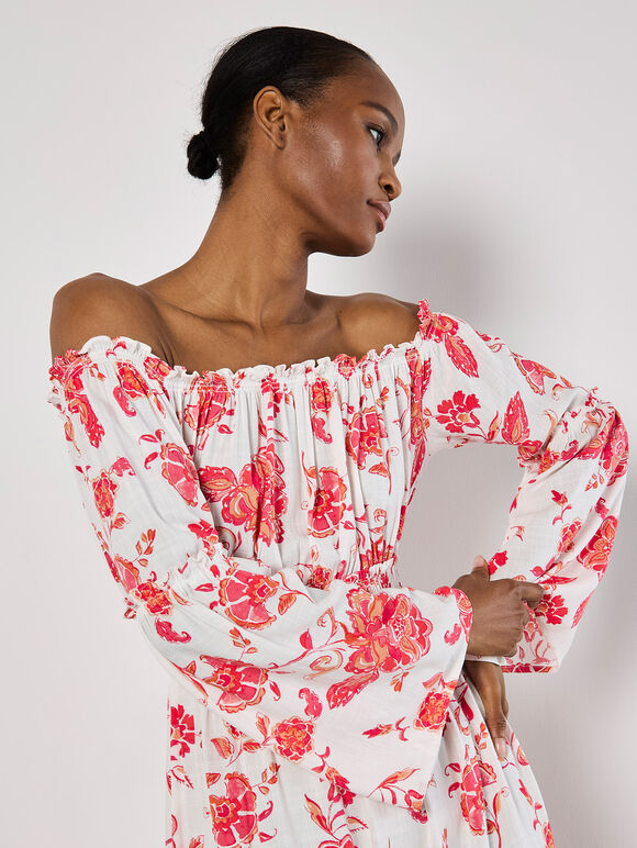 Floral Bardot Maxi Dress, Cream, large