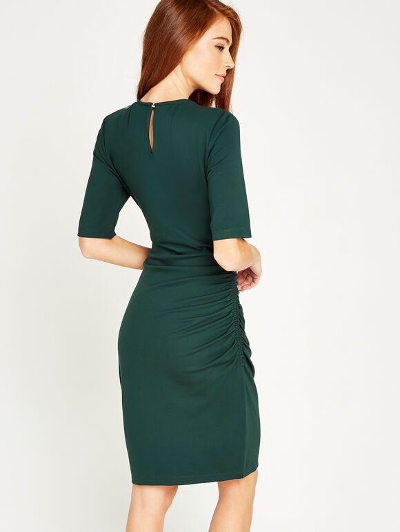 Ponti Ruched Bodycon Dress, Green, large