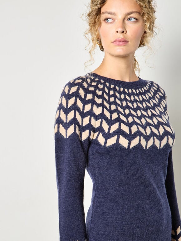 Chevron Knitted Mini Dress, Navy, large