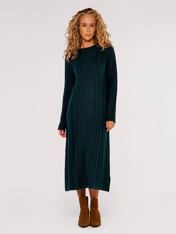 Pointelle Knitted Midi Dress, Green, large